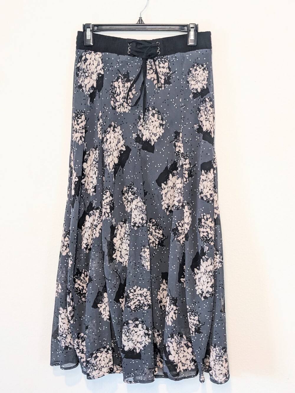 Lapis Floral Polka Dot Maxi Skirt Slate Gray Lace Up Elastic Waist Size M
